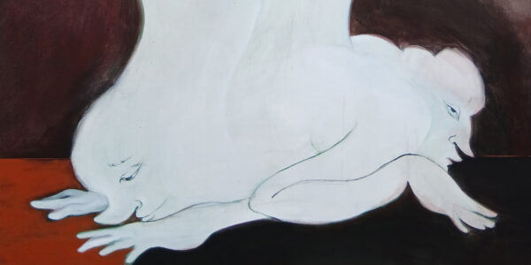 Schilderij van twee witte, spook-achtige figuren op een zwart en rode achtergrond, schijnbaar fysiek verbonden, liggend op de vloer, hun gezichten wegkijkend van elkaar. 

Painting of two white ghost-like figures on a black and red background, seemingly attached physically, lying on the floor, faces facing away from each other.